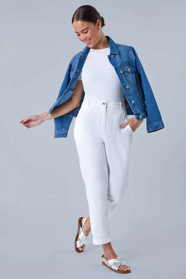 White Petite Cotton Blend Stretch Chino Trousers Women Roman Trousers
