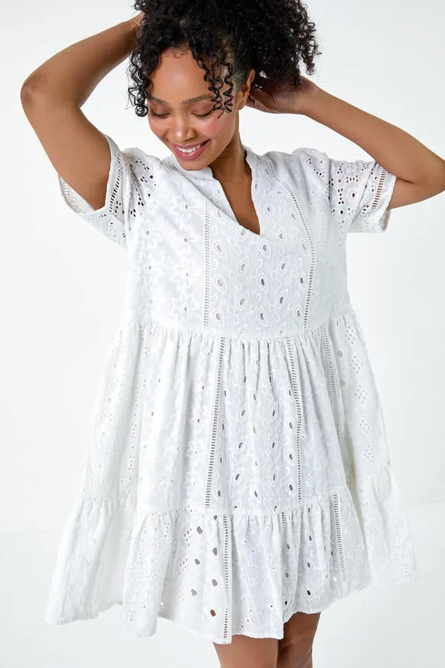 White Petite Cotton Broderie Frill Hem Dress Women Roman Dresses