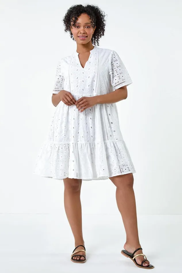White Petite Cotton Broderie Frill Hem Dress Women Roman Dresses