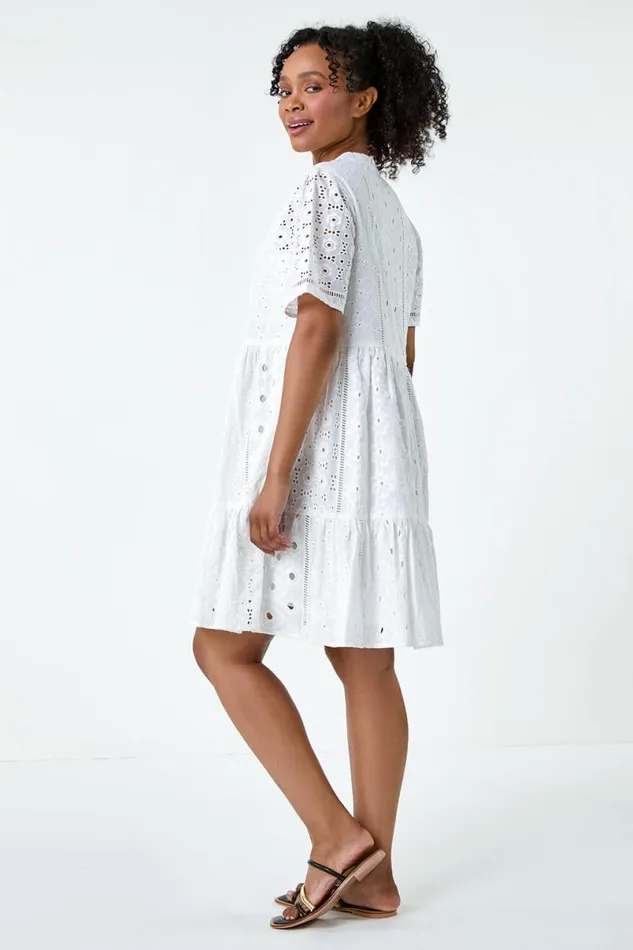 White Petite Cotton Broderie Frill Hem Dress Women Roman Dresses