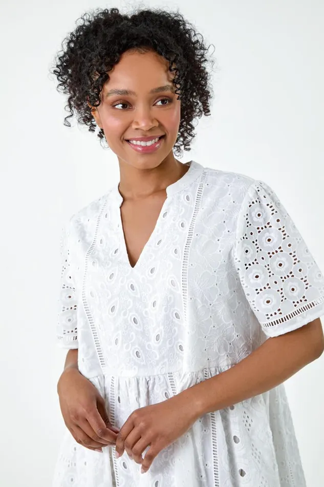 White Petite Cotton Broderie Frill Hem Dress Women Roman Dresses