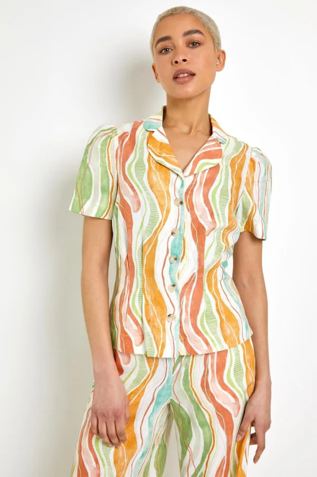 White Retro Wave Button Up Top Women Roman Tops