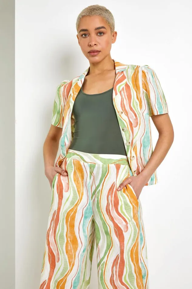 White Retro Wave Button Up Top Women Roman Tops