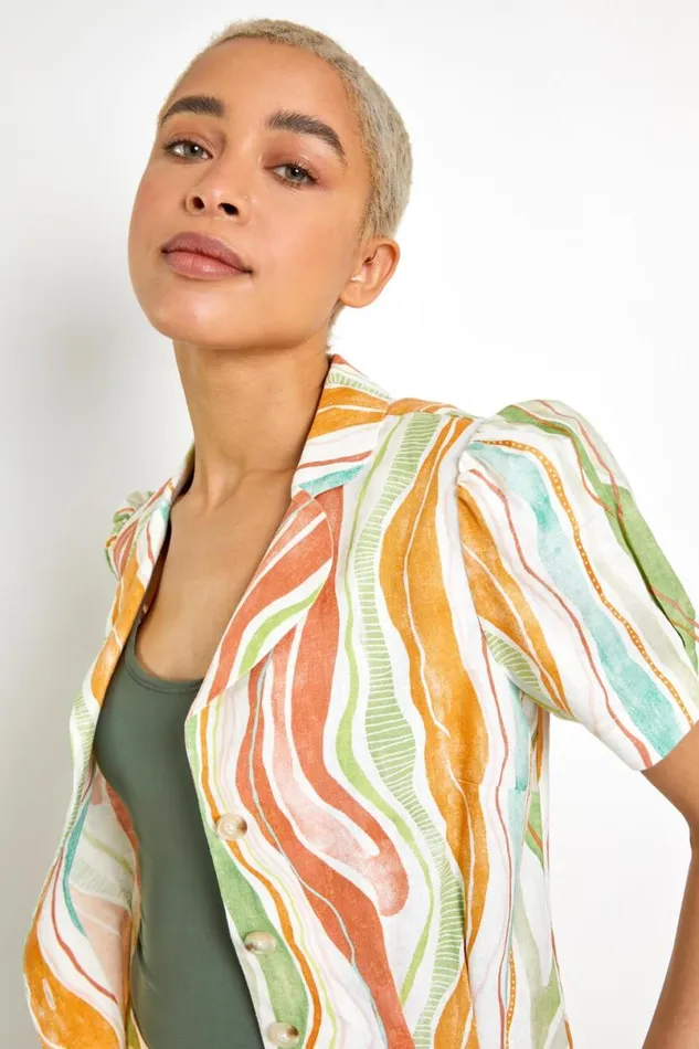White Retro Wave Button Up Top Women Roman Tops