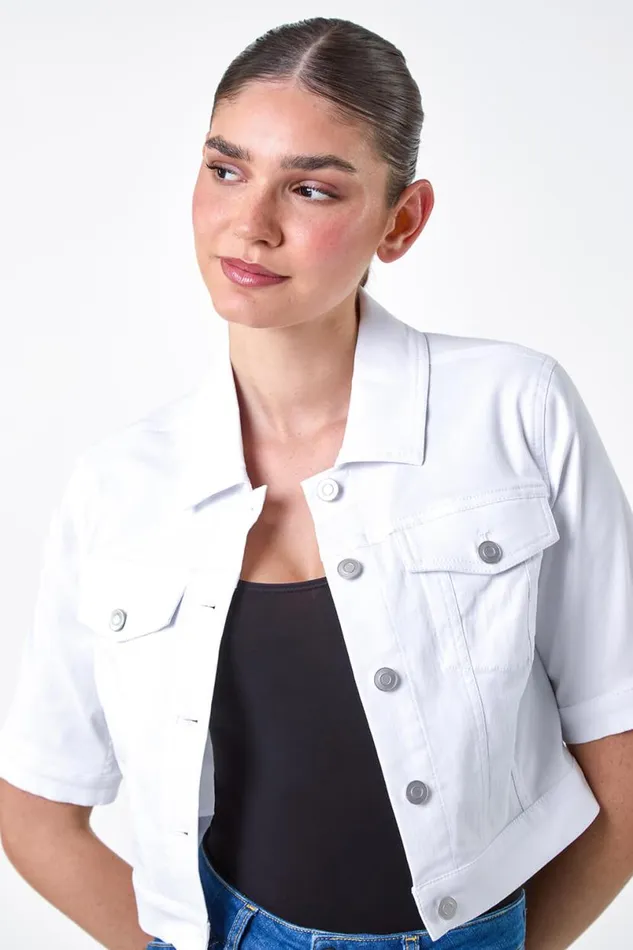 White Short Sleeve Stretch Jacket Women Roman Jackets