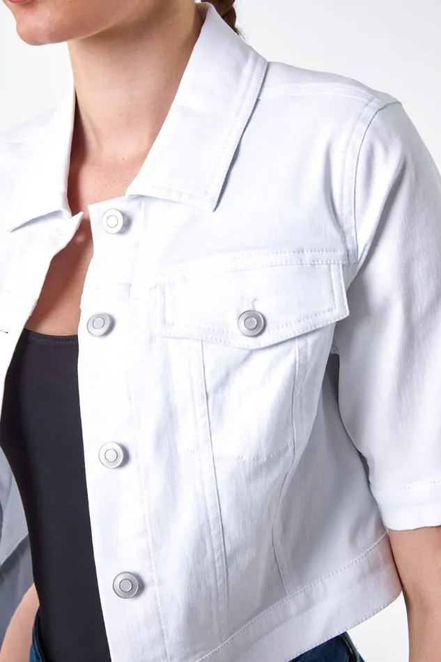 White Short Sleeve Stretch Jacket Women Roman Jackets
