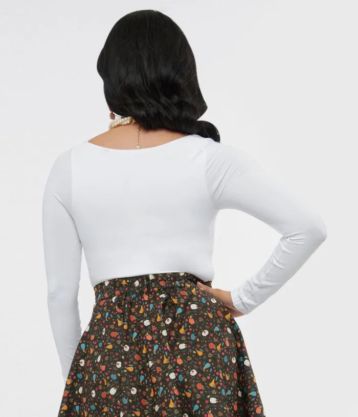 White Square Neck Long Sleeve Top Clothing Unique Vintage Blouses