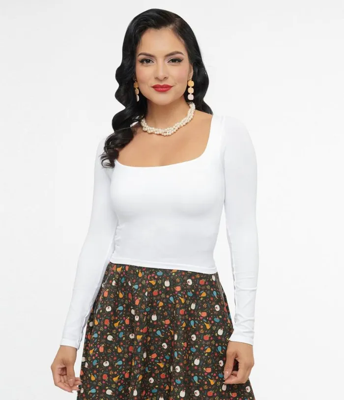 White Square Neck Long Sleeve Top Clothing Unique Vintage Blouses