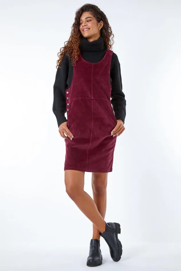 Wine Button Corduroy Pinafore Dress Women Roman Dresses