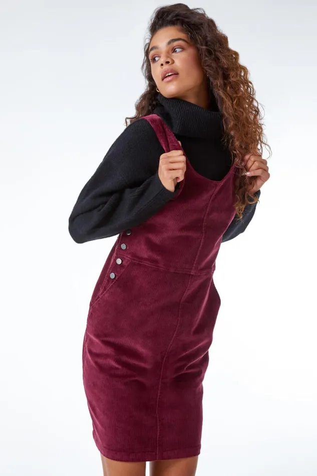 Wine Button Corduroy Pinafore Dress Women Roman Dresses
