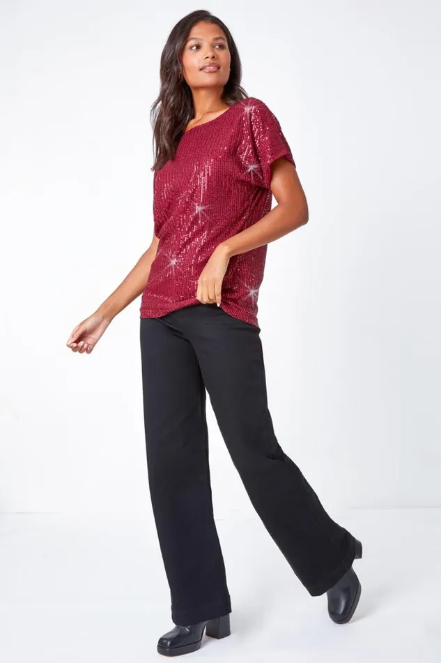 Wine Embellished Sequin Top Women Roman Tops