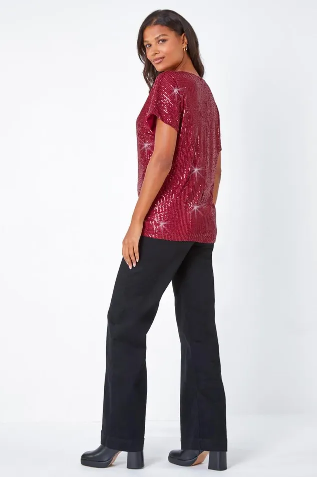 Wine Embellished Sequin Top Women Roman Tops