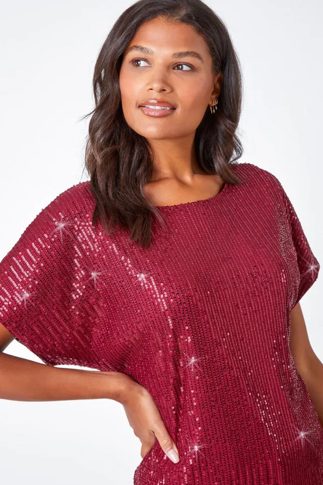 Wine Embellished Sequin Top Women Roman Tops
