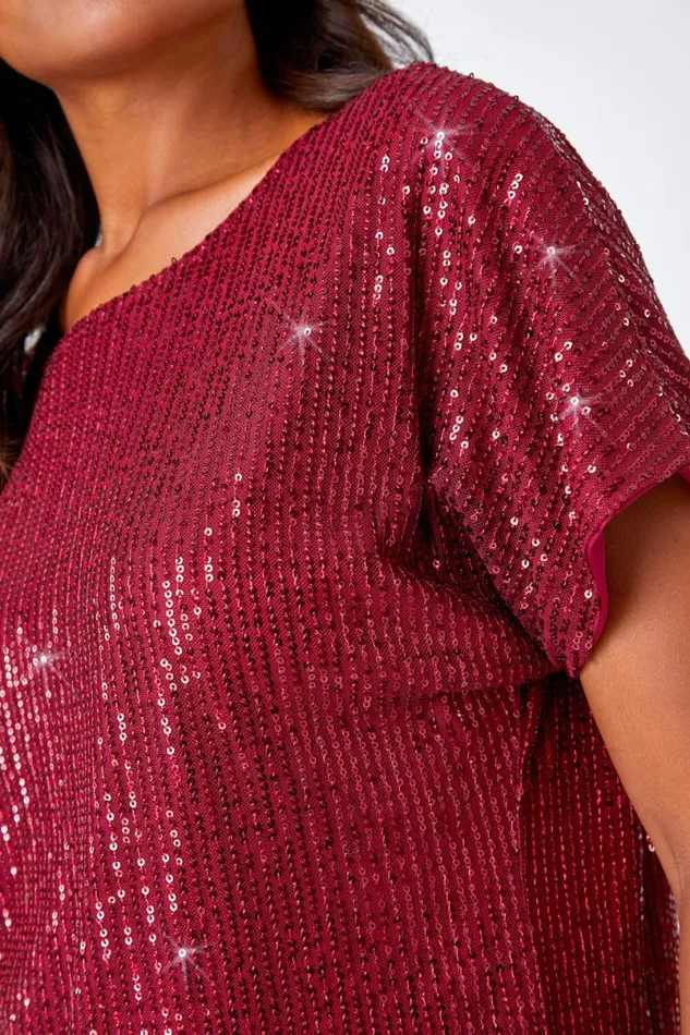 Wine Embellished Sequin Top Women Roman Tops