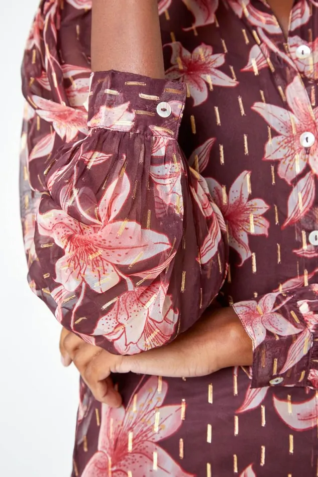Wine Floral Print Metallic Stripe Blouse Women Roman Tops