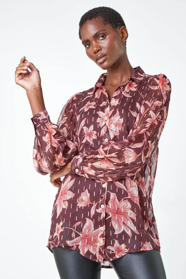 Wine Floral Print Metallic Stripe Blouse Women Roman Tops