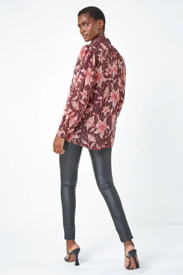 Wine Floral Print Metallic Stripe Blouse Women Roman Tops