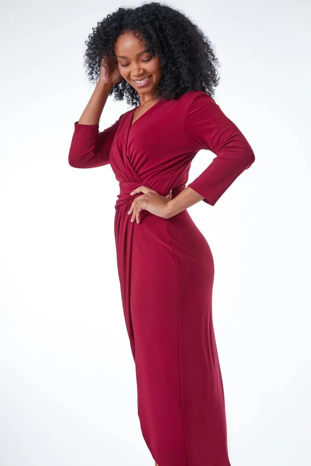 Wine Petite Ruched Side Wrap Stretch Midi Dress Women Roman Dresses