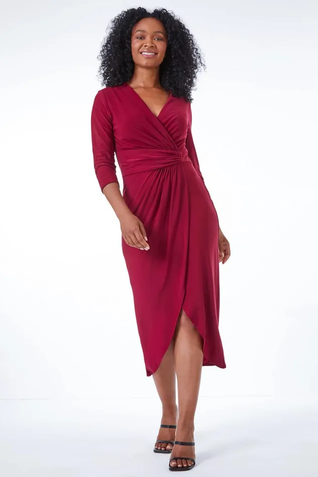 Wine Petite Ruched Side Wrap Stretch Midi Dress Women Roman Dresses