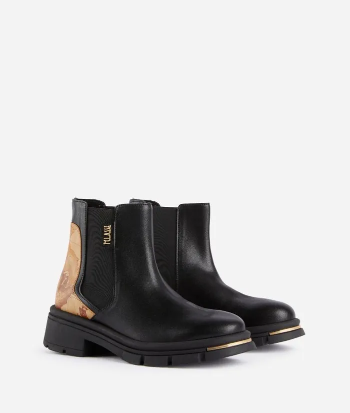 Woman Boots and Booties Alviero Martini Smooth Leather Beatle Boots With Gold Tip Detail Black