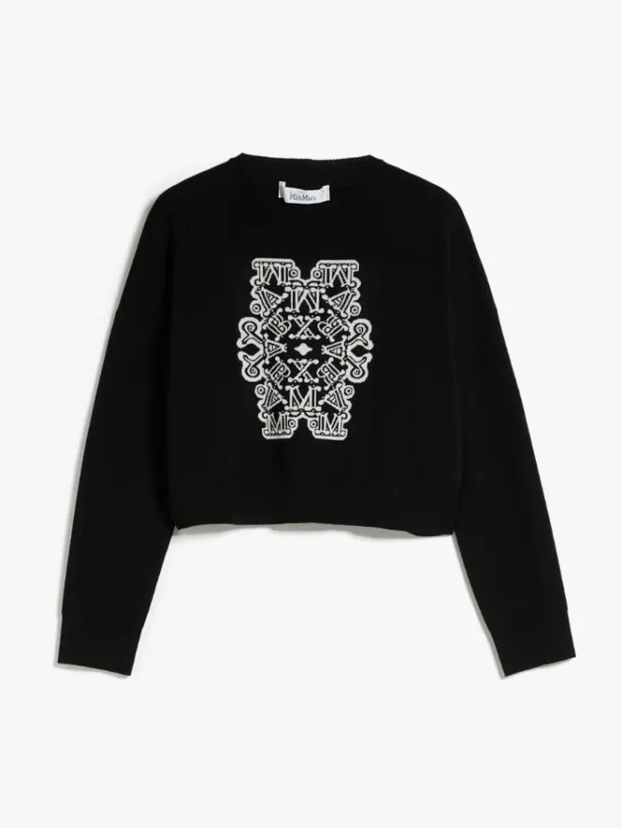 Woman Cropped Jumper In Jacquard Wool Black White Maxmara Knitwear And Sweatshirts Woman Cropped Jumper In Jacquard Wool Black White Maxmara Knitwear And Sweatshirts