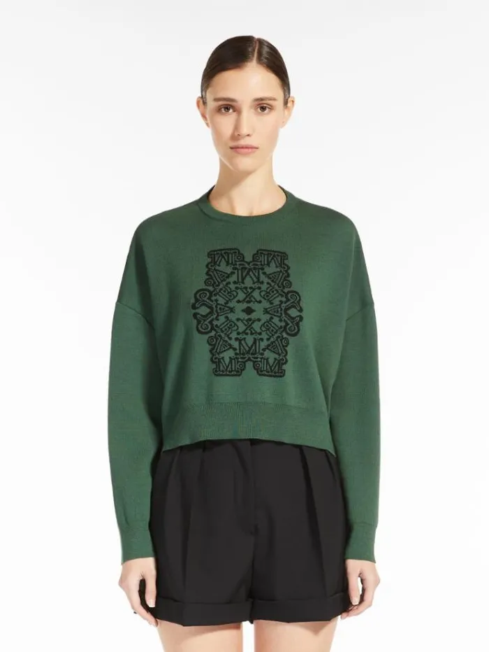 Woman Cropped Jumper In Jacquard Wool Green Maxmara Knitwear And Sweatshirts