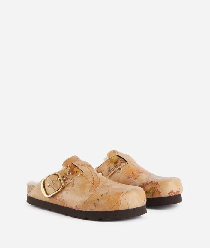 Woman Flat Shoes Alviero Martini FleeceLined Faux Napa Leather Clogs With Geo Classic Print