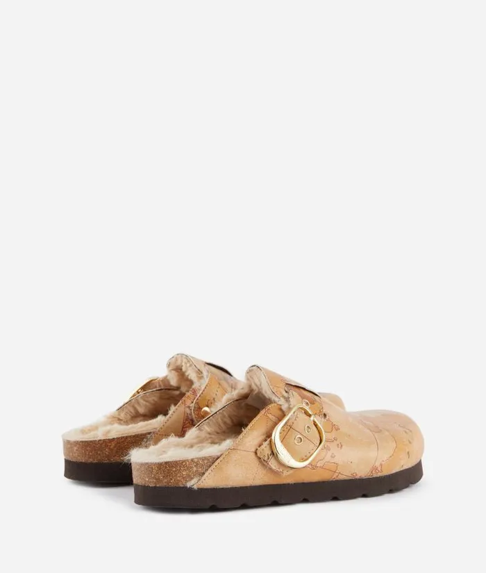 Woman Flat Shoes Alviero Martini FleeceLined Faux Napa Leather Clogs With Geo Classic Print