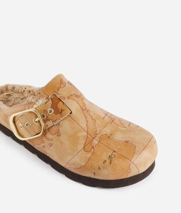 Woman Flat Shoes Alviero Martini FleeceLined Faux Napa Leather Clogs With Geo Classic Print