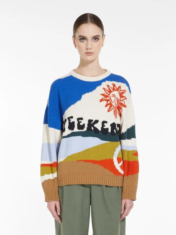 Woman Intarsia Cotton Knit Light Blue Maxmara Knitwear And Sweatshirts