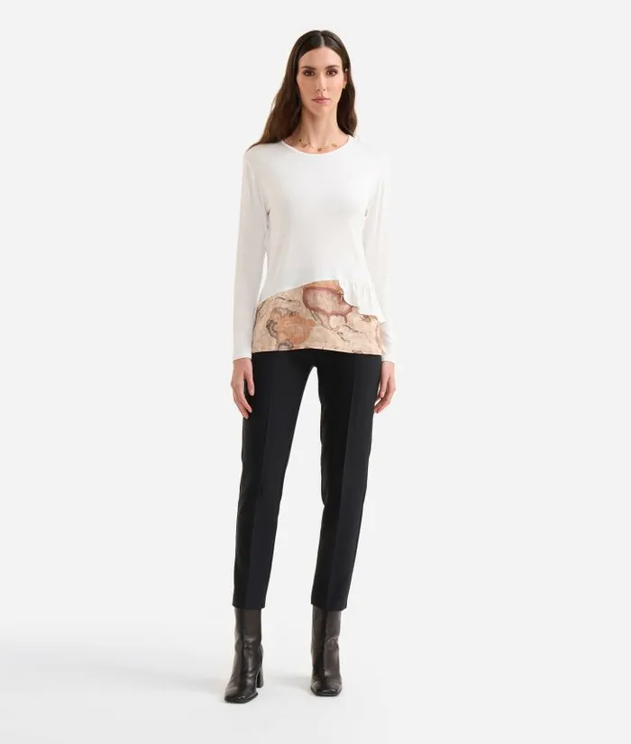 Woman Knitwears Shirts and Tops Alviero Martini Stretch Viscose Jersey TShirt With Geo Classic Flounce Natural Woman Knitwears Shirts and Tops Alviero Martini Stretch Viscose Jersey TShirt With Geo Classic Flounce Natural