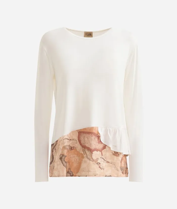 Woman Knitwears Shirts and Tops Alviero Martini Stretch Viscose Jersey TShirt With Geo Classic Flounce Natural