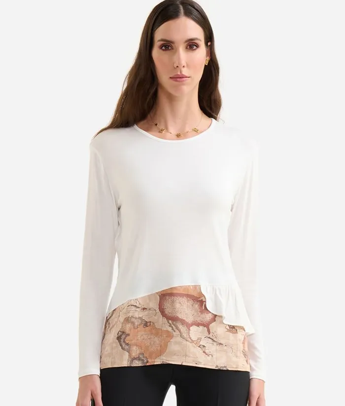 Woman Knitwears Shirts and Tops Alviero Martini Stretch Viscose Jersey TShirt With Geo Classic Flounce Natural