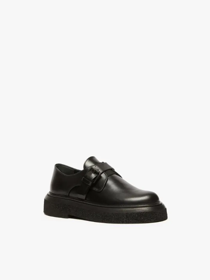 Woman Leather Loafers With Strap Black Maxmara Flat Shoes