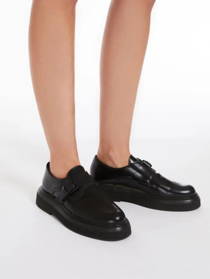 Woman Leather Loafers With Strap Black Maxmara Flat Shoes Woman Leather Loafers With Strap Black Maxmara Flat Shoes