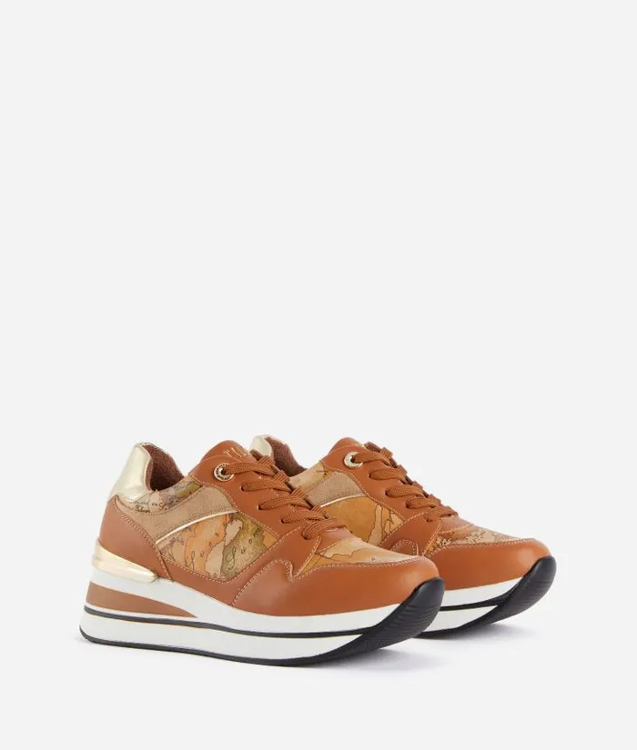 Woman Sneakers Alviero Martini Faux Napa Leather Running Shoes With Fabric Mix Leather Brown
