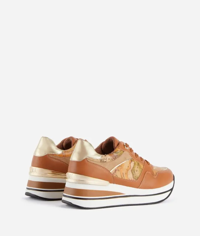 Woman Sneakers Alviero Martini Faux Napa Leather Running Shoes With Fabric Mix Leather Brown