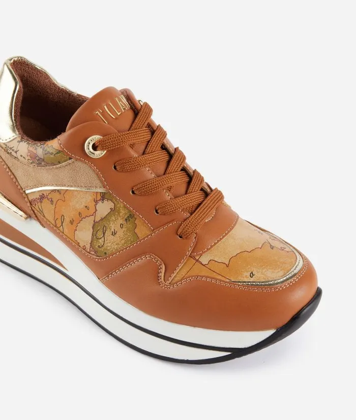 Woman Sneakers Alviero Martini Faux Napa Leather Running Shoes With Fabric Mix Leather Brown