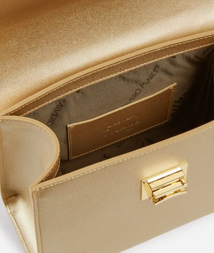 Woman Top Handle Bags Alviero Martini Winter Spirit Mini Metallic Leather Tote Bag With Crossbody Strap Bright Gold