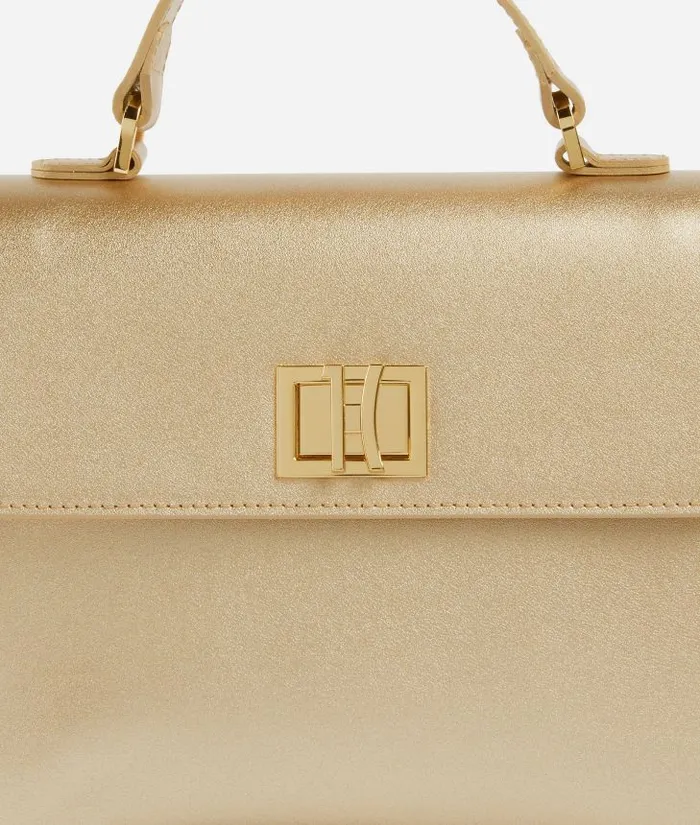 Woman Top Handle Bags Alviero Martini Winter Spirit Mini Metallic Leather Tote Bag With Crossbody Strap Bright Gold