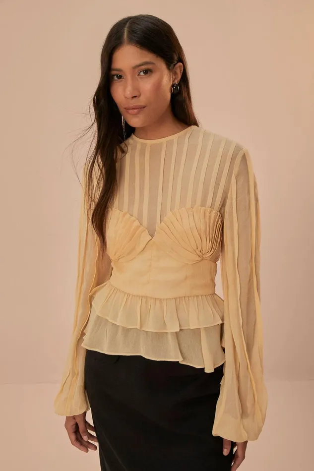 Women Beige Pleated Bust Blouse Beige FARM Rio Blouses
