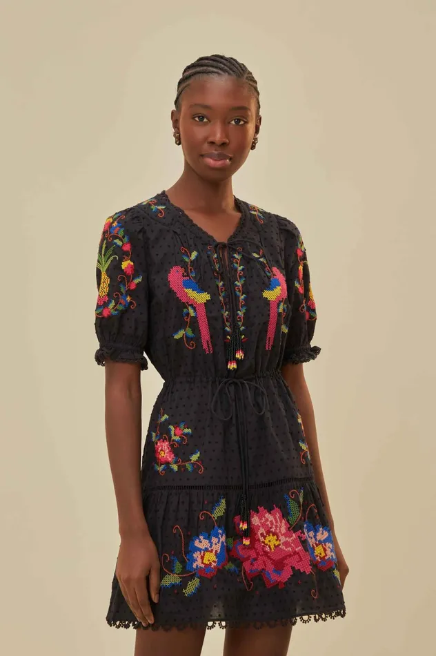 Women Black Embroidered Mini Dress Black FARM Rio Mini Dresses