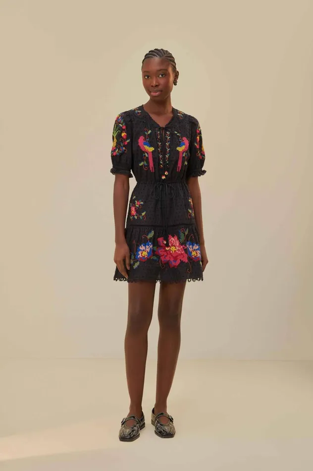 Women Black Embroidered Mini Dress Black FARM Rio Mini Dresses