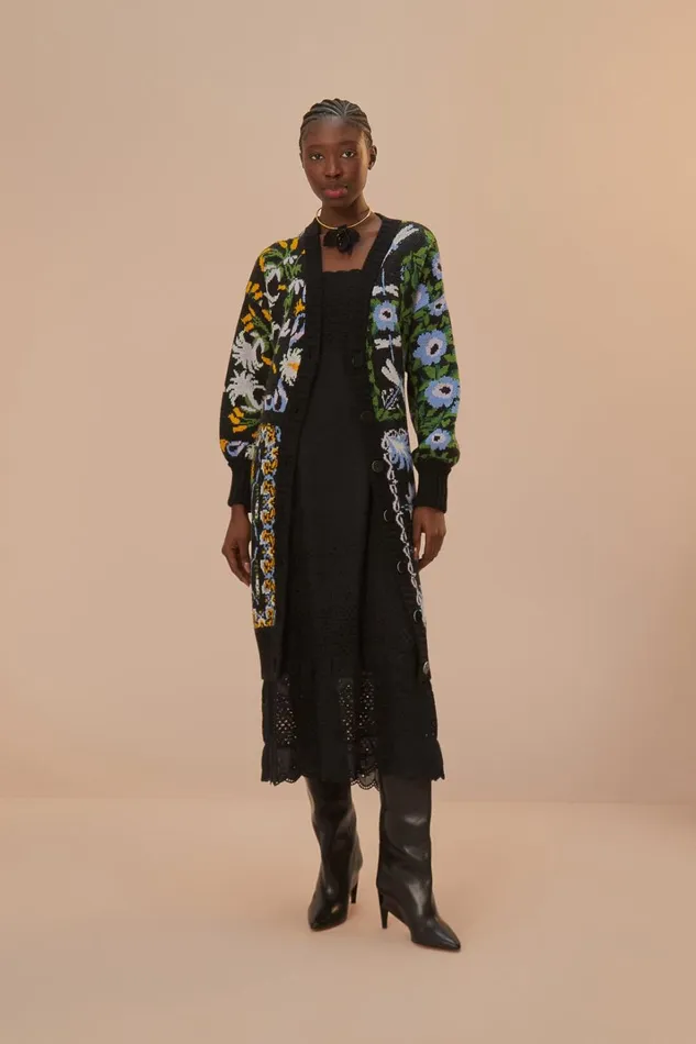 Women Black Winter Garden Knit Midi Cardigan Winter Garden Black FARM Rio Cardigans