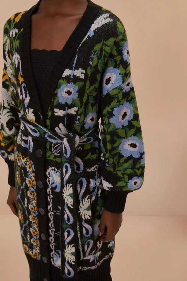 Women Black Winter Garden Knit Midi Cardigan Winter Garden Black FARM Rio Cardigans