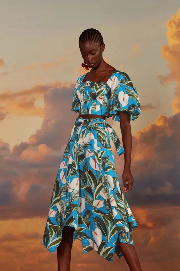 Women Blue Anthurium Garden Asymmetric Midi Skirt Anthurium Garden Blue FARM Rio Skirts