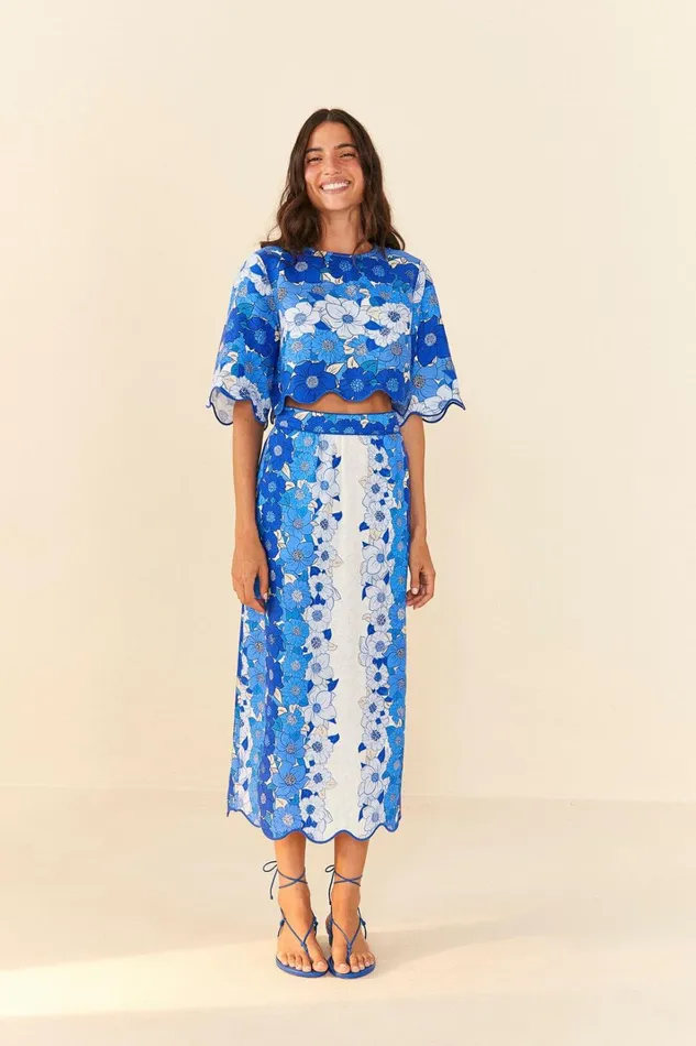 Women Blue Flower Stripes Midi Skirt Flower Stripes Offwhite FARM Rio Skirts