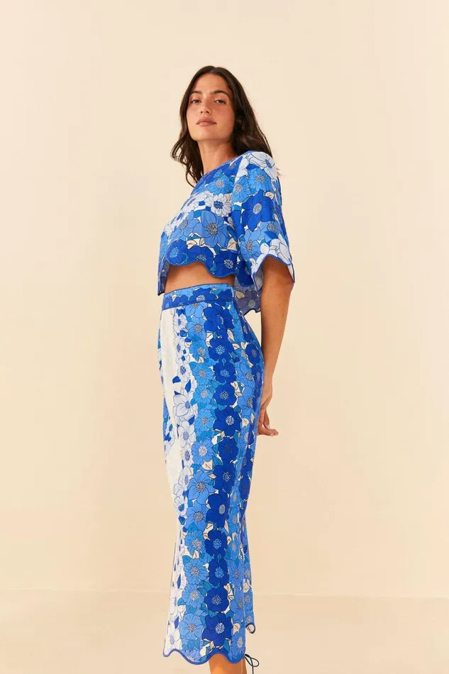 Women Blue Flower Stripes Midi Skirt Flower Stripes Offwhite FARM Rio Skirts