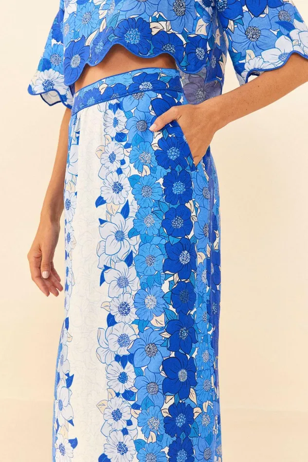 Women Blue Flower Stripes Midi Skirt Flower Stripes Offwhite FARM Rio Skirts