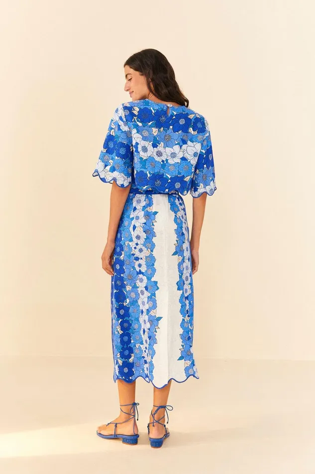 Women Blue Flower Stripes Midi Skirt Flower Stripes Offwhite FARM Rio Skirts